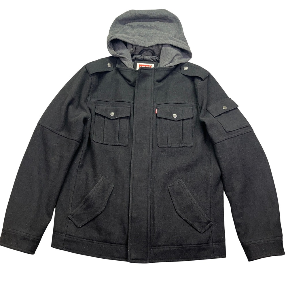 Levi's Wool Blend Hooded Jacket Black Military Style Coat Grunge Gorpcore Sz S‎